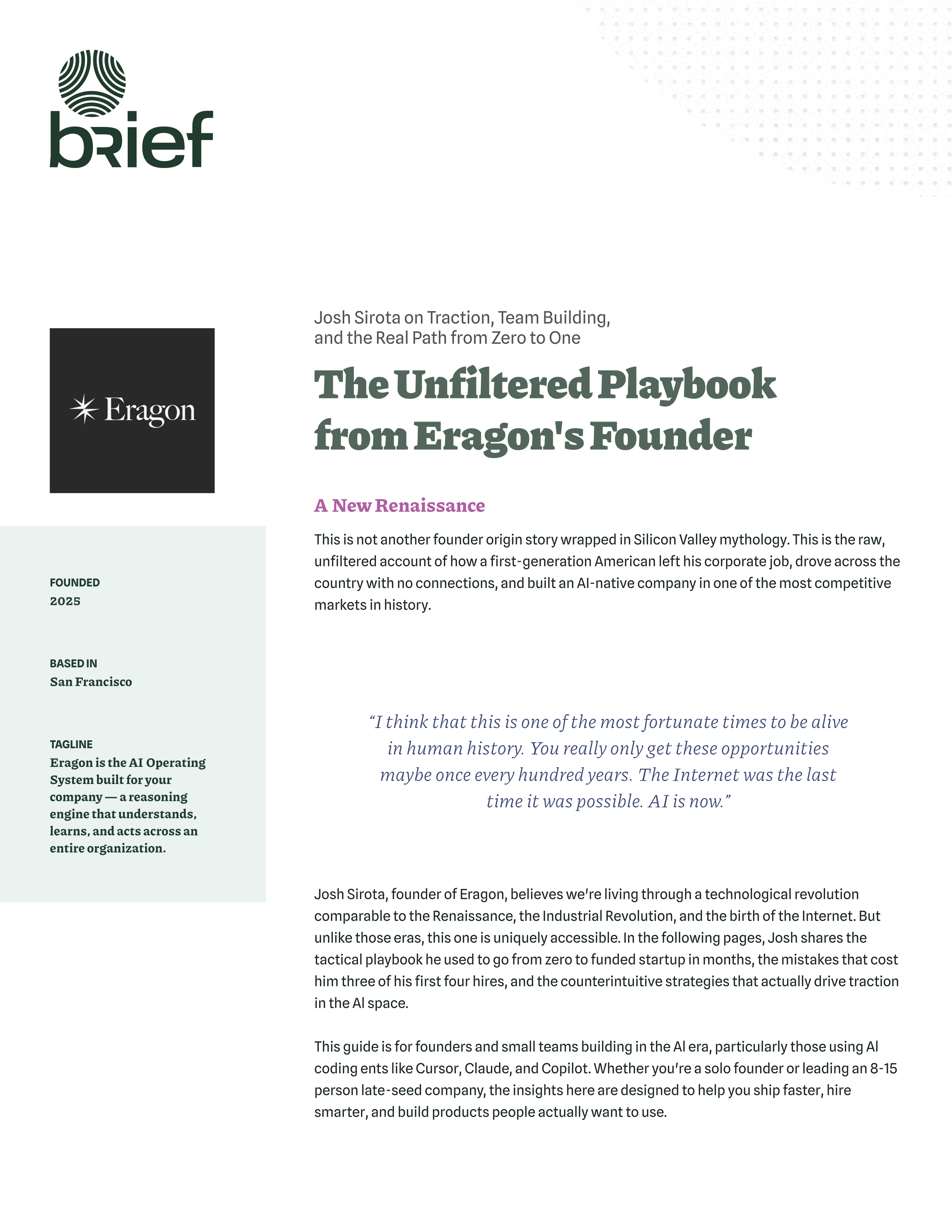The Unfiltered Playbook from Eragon's Founder - PDF cover showing Josh Sirota's interview