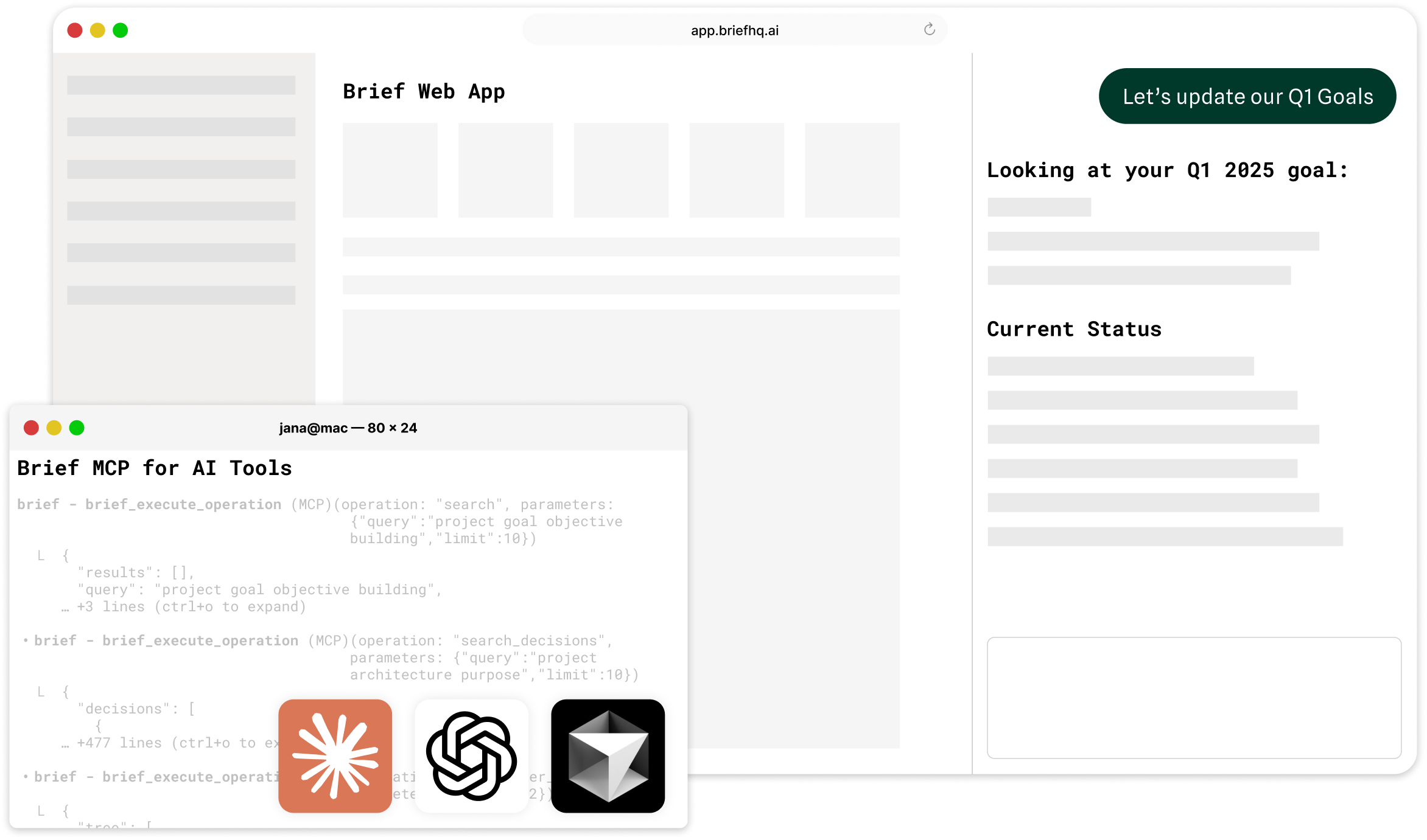 Three-panel view of Brief workflow: left shows Brief web app dashboard with navigation sidebar, center displays MCP terminal interface with JSON queries for project goal objectives, right shows chat conversation about updating Q1 2025 goals with current status tracking