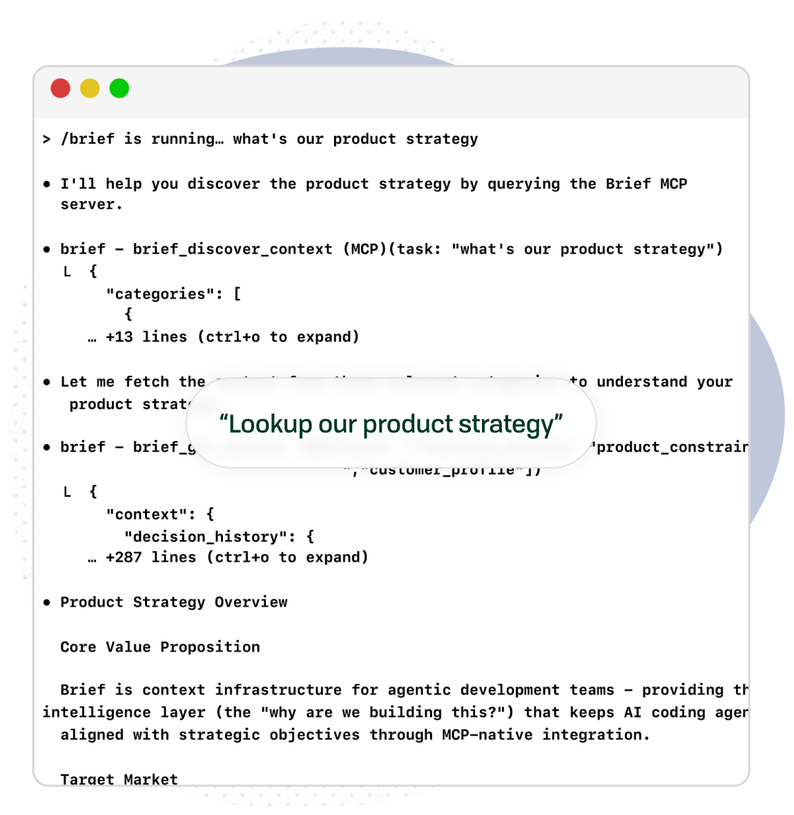Terminal interface showing Brief MCP commands for accessing product context