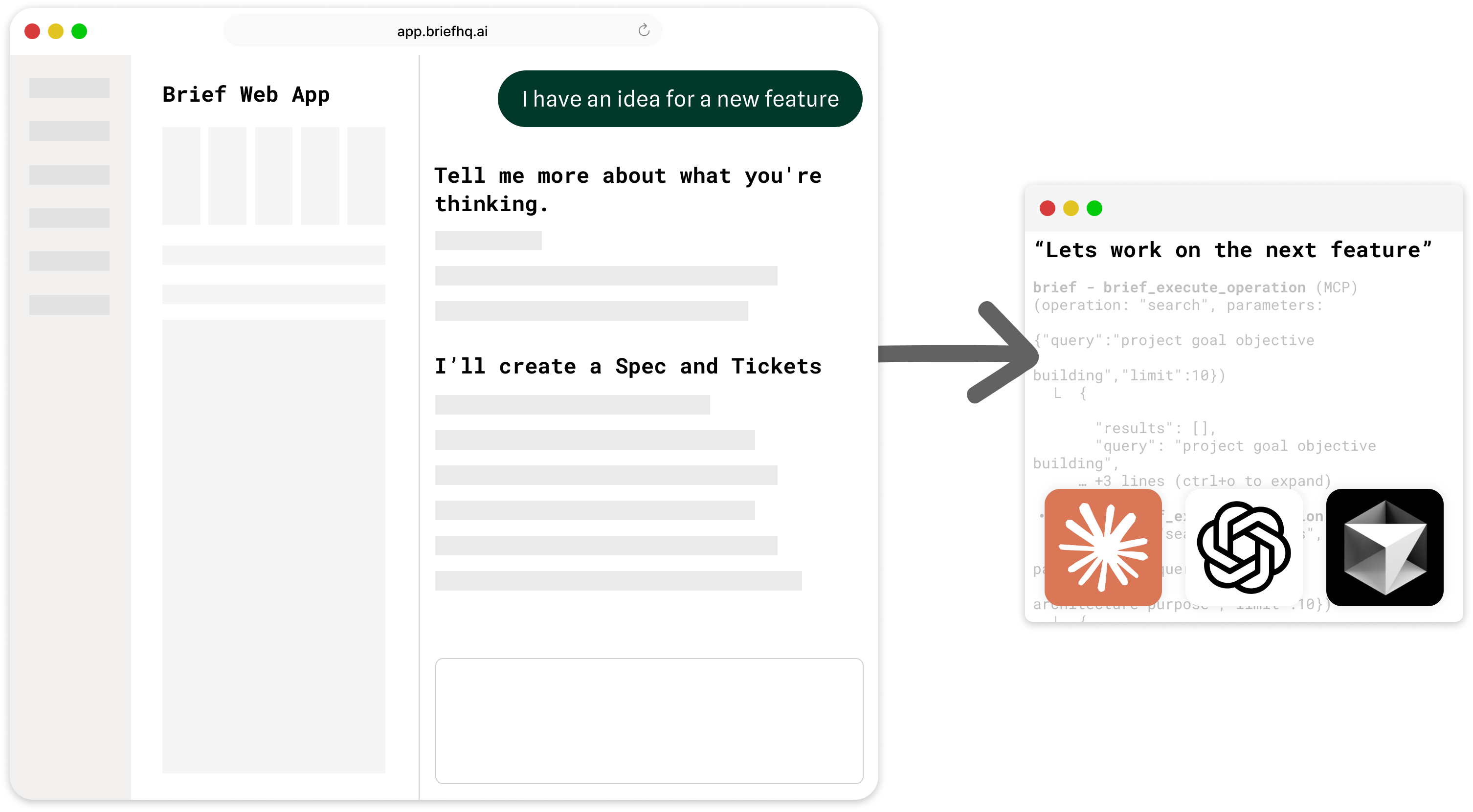Brief workflow showing conversation interface on left transitioning to code implementation with AI agents on right