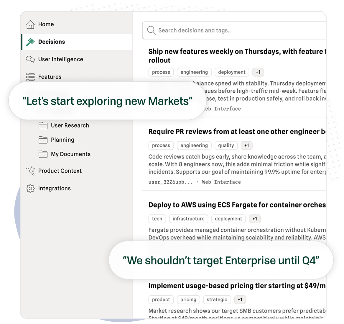 Decision log interface displaying technical, product, and process decisions with what was chosen, why it was chosen, and expiration dates