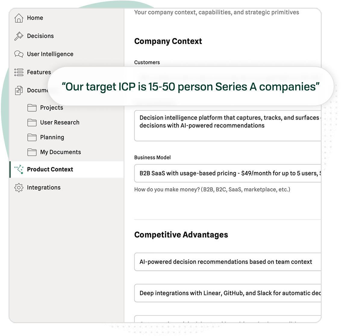 Product Context visualization showing ICP, competitive advantages, and 6-month goals connected in a graph structure