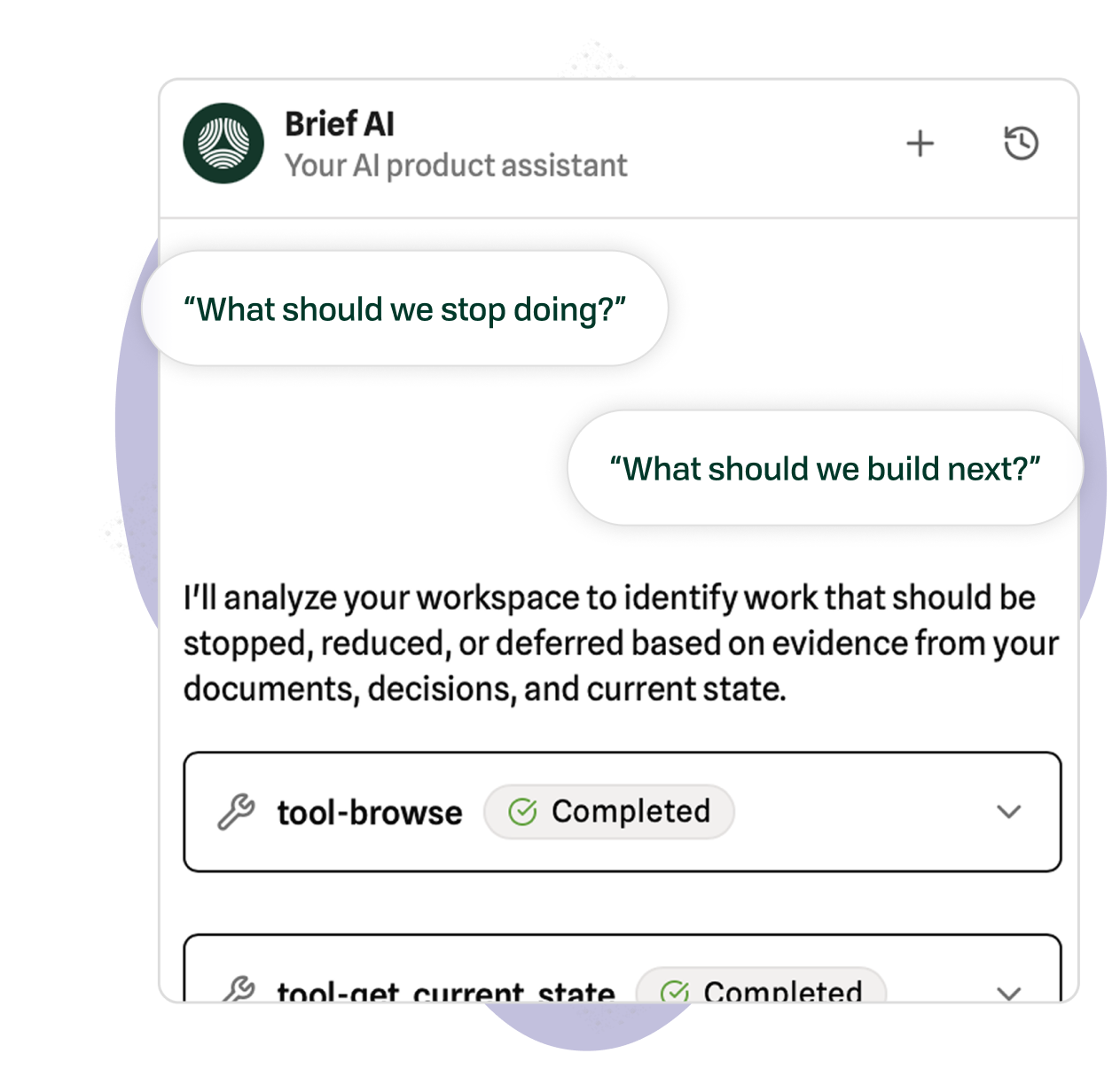 Brief Product Chat interface showing strategic questions answered with context from decisions, docs, and integrations