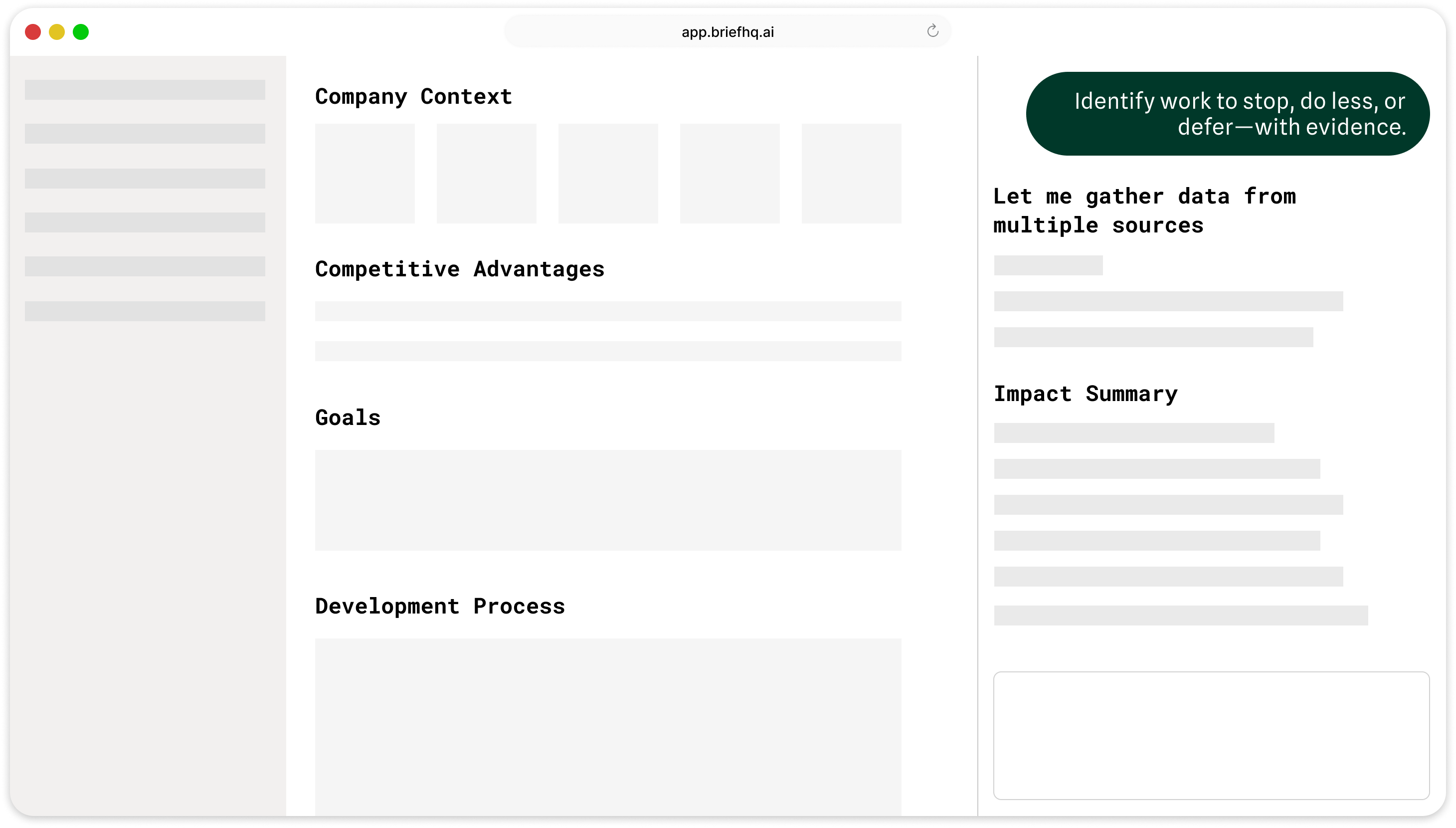 Three-panel view of Brief Product Management Suite showing company context, competitive advantages, goals, and chat interface for strategic decisions