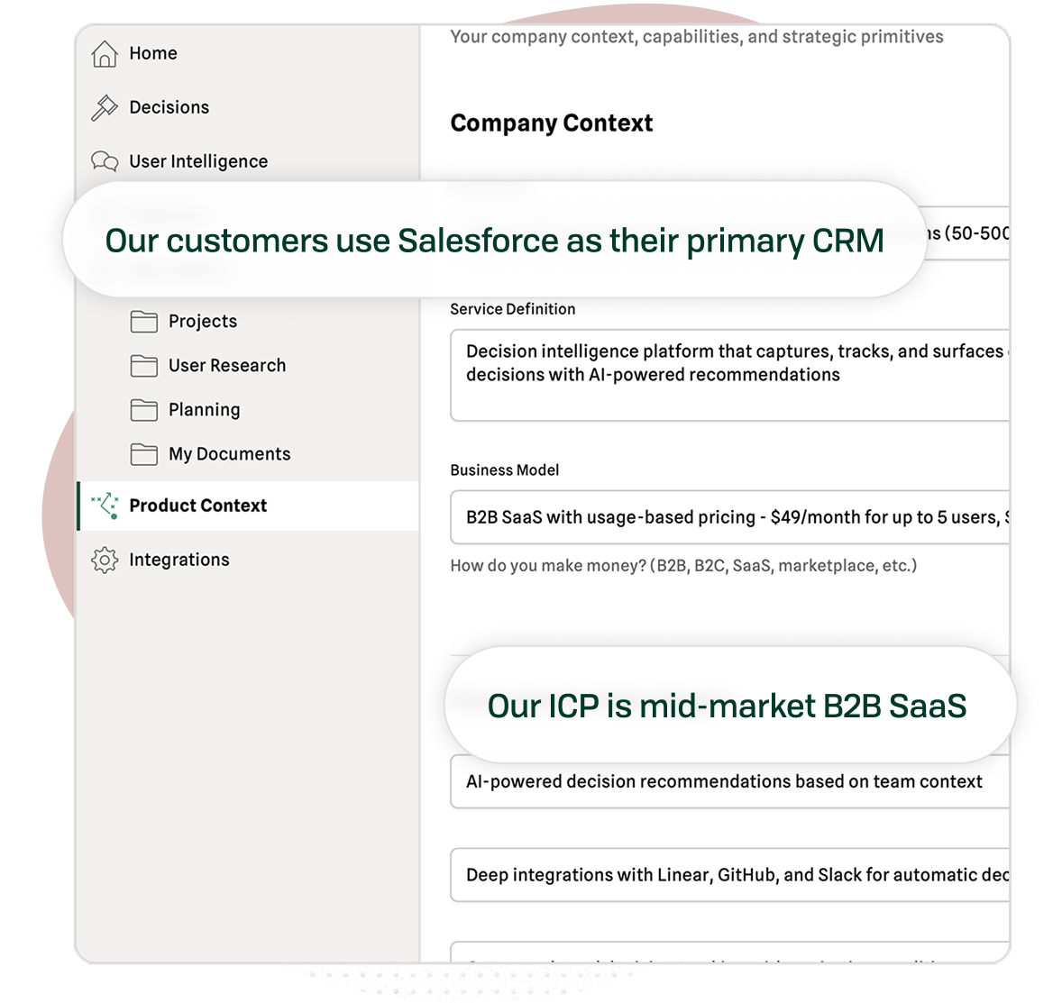 Product Graph visualization showing ICP, goals, competitive advantages, and key metrics connected in a living graph structure