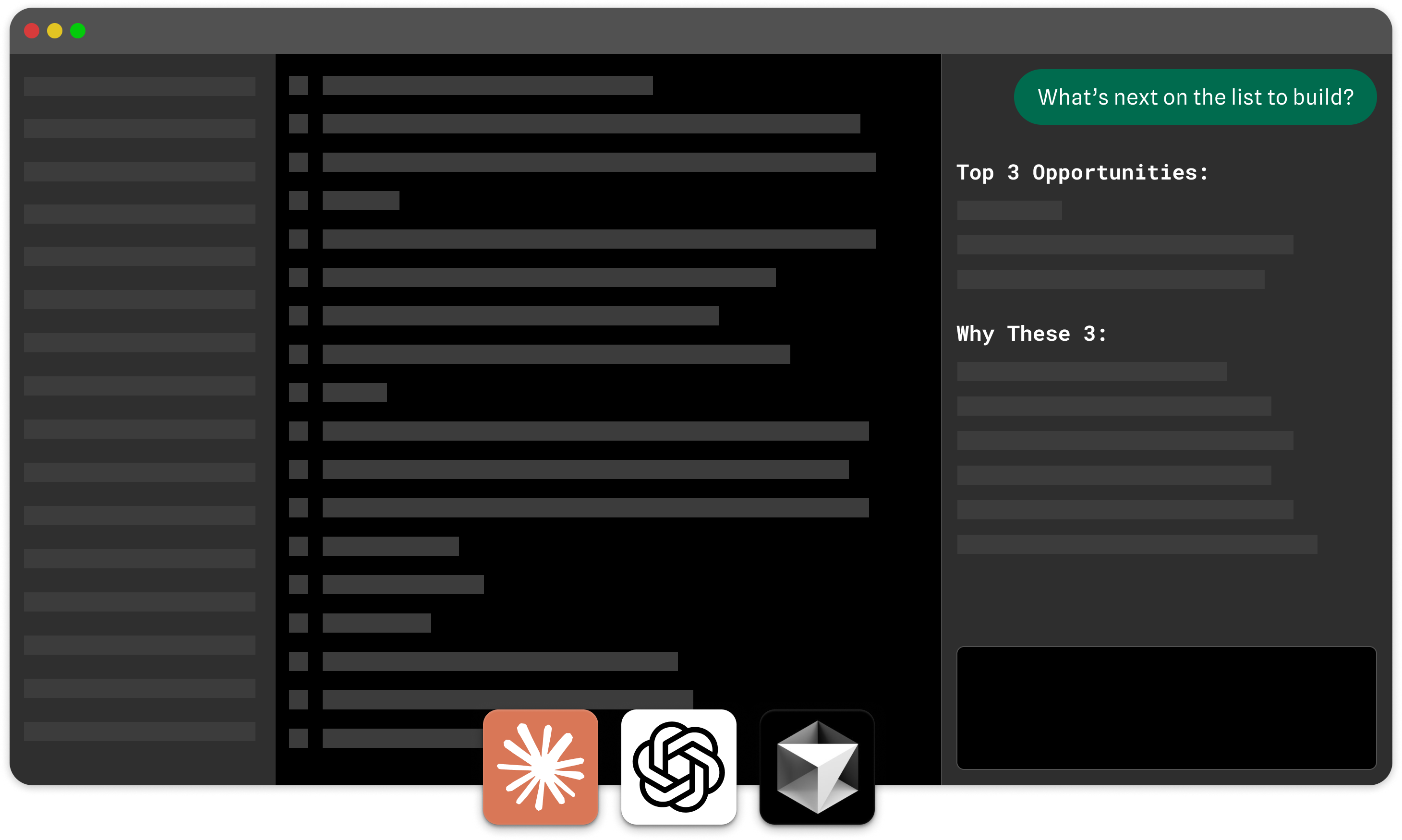 IDE interface showing Brief integration with code editor and chat asking 'What's next on the list to build?' with top 3 opportunities and strategic reasoning