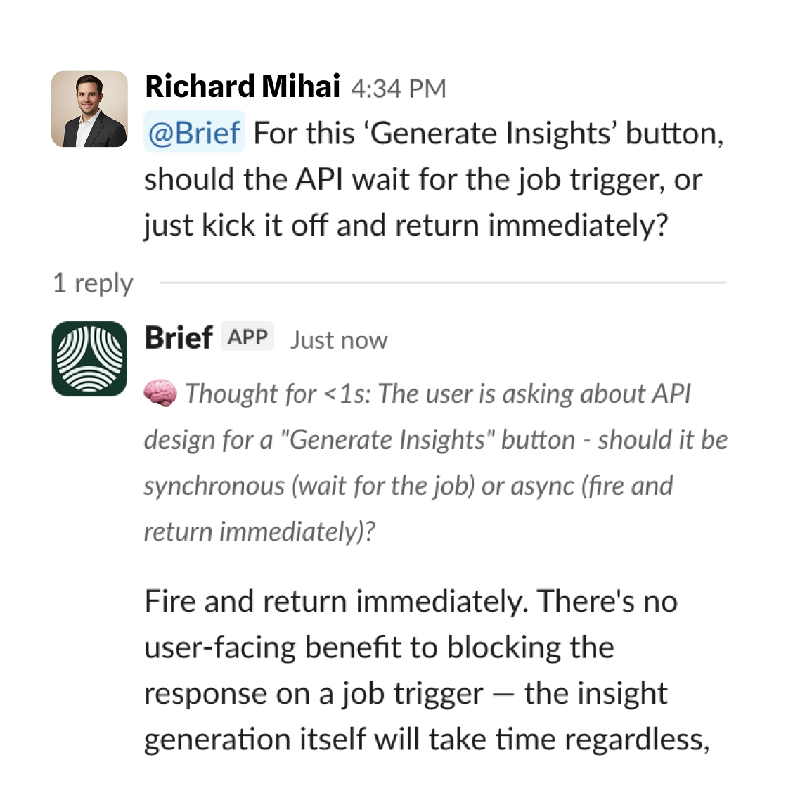 Engineer asking Brief a product question