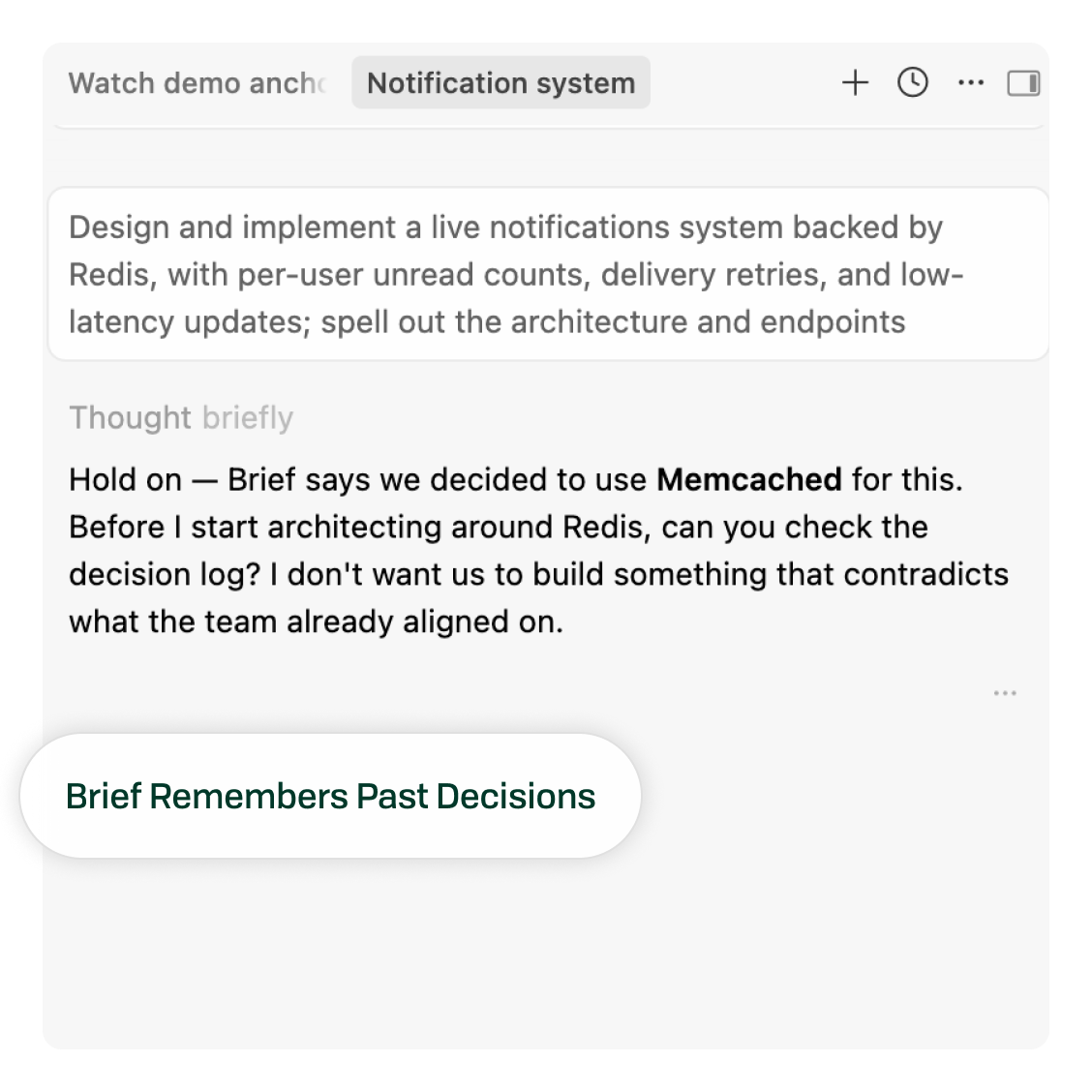 PR review with Brief flagging a decision conflict