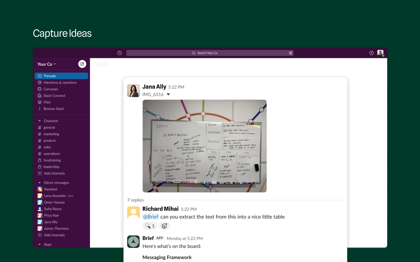Slack thread where a whiteboard photo is shared and @Brief extracts the handwriting into a structured messaging framework