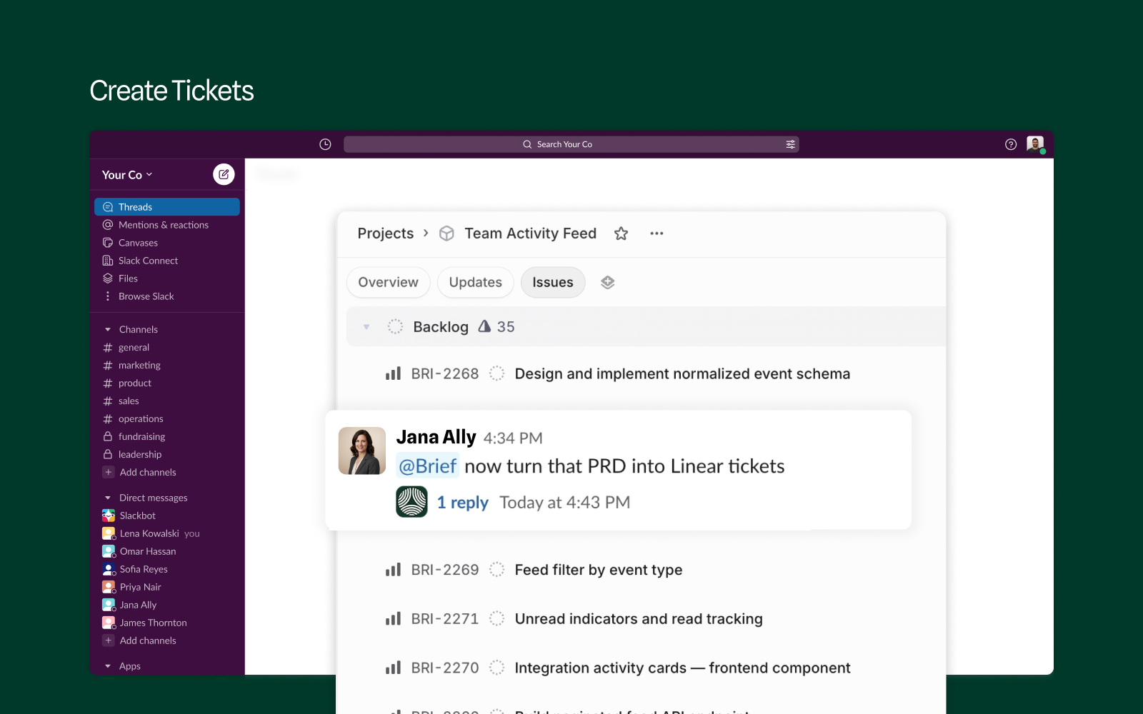 Slack message asking @Brief to turn a PRD into Linear tickets, with the resulting backlog of scoped issues