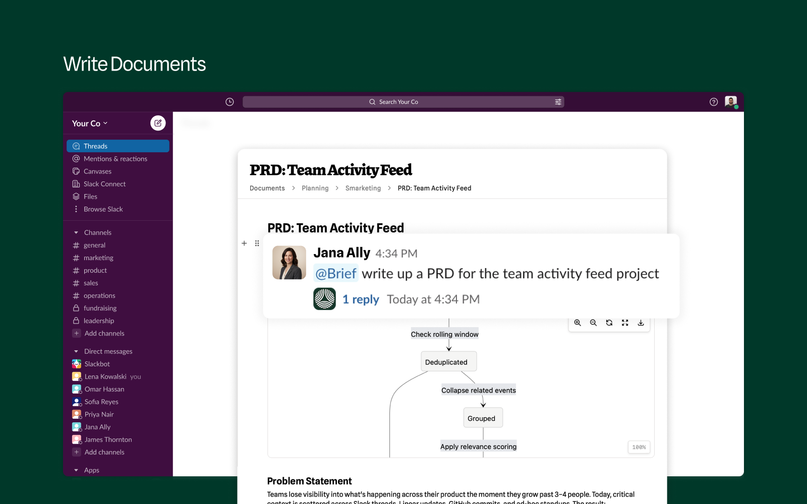 Slack message asking @Brief to write a PRD, with the finished Team Activity Feed PRD open in Brief