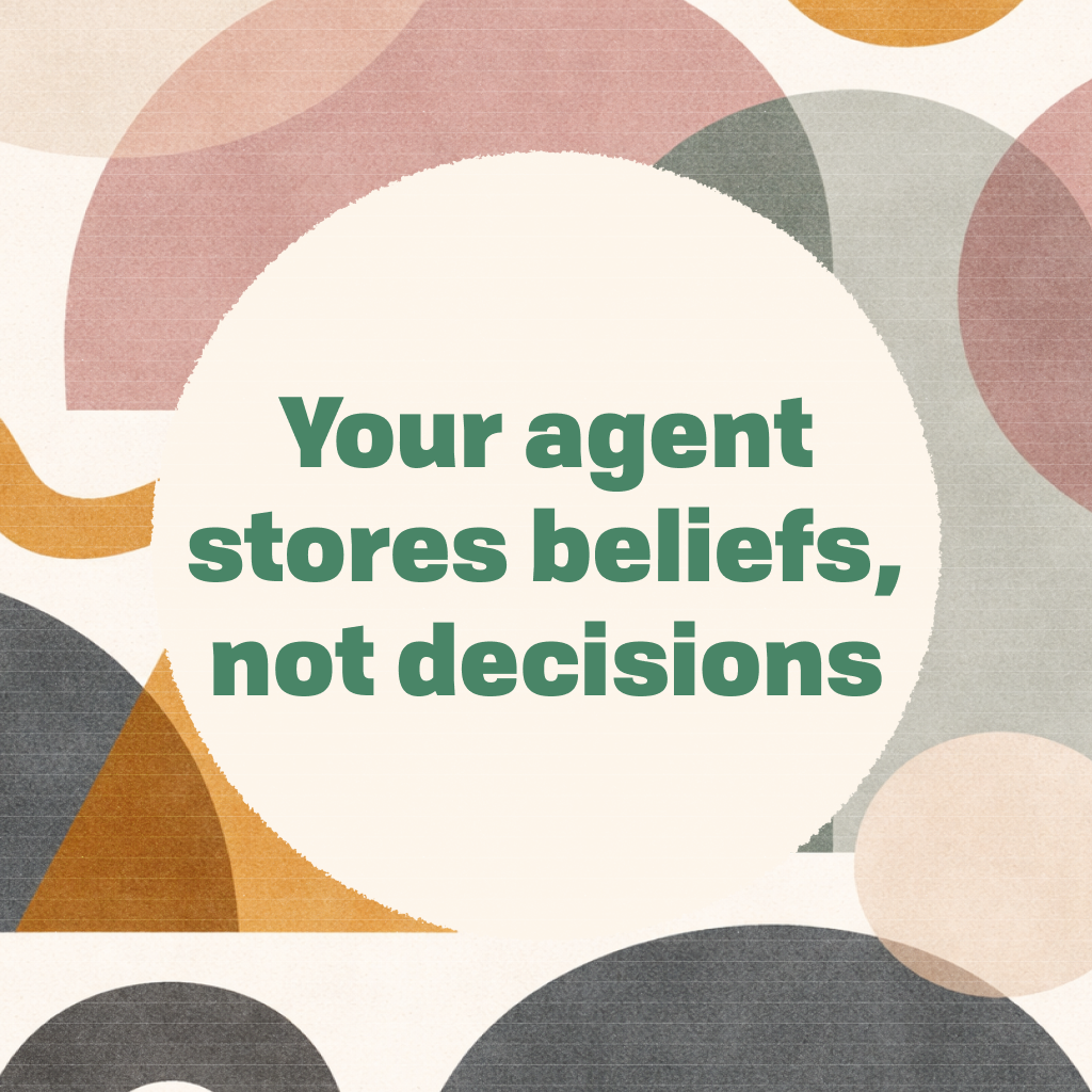 Title card reading 'Beliefs, not Decisions' in green type on a cream circle, framed by abstract organic shapes in muted green, orange, and tan
