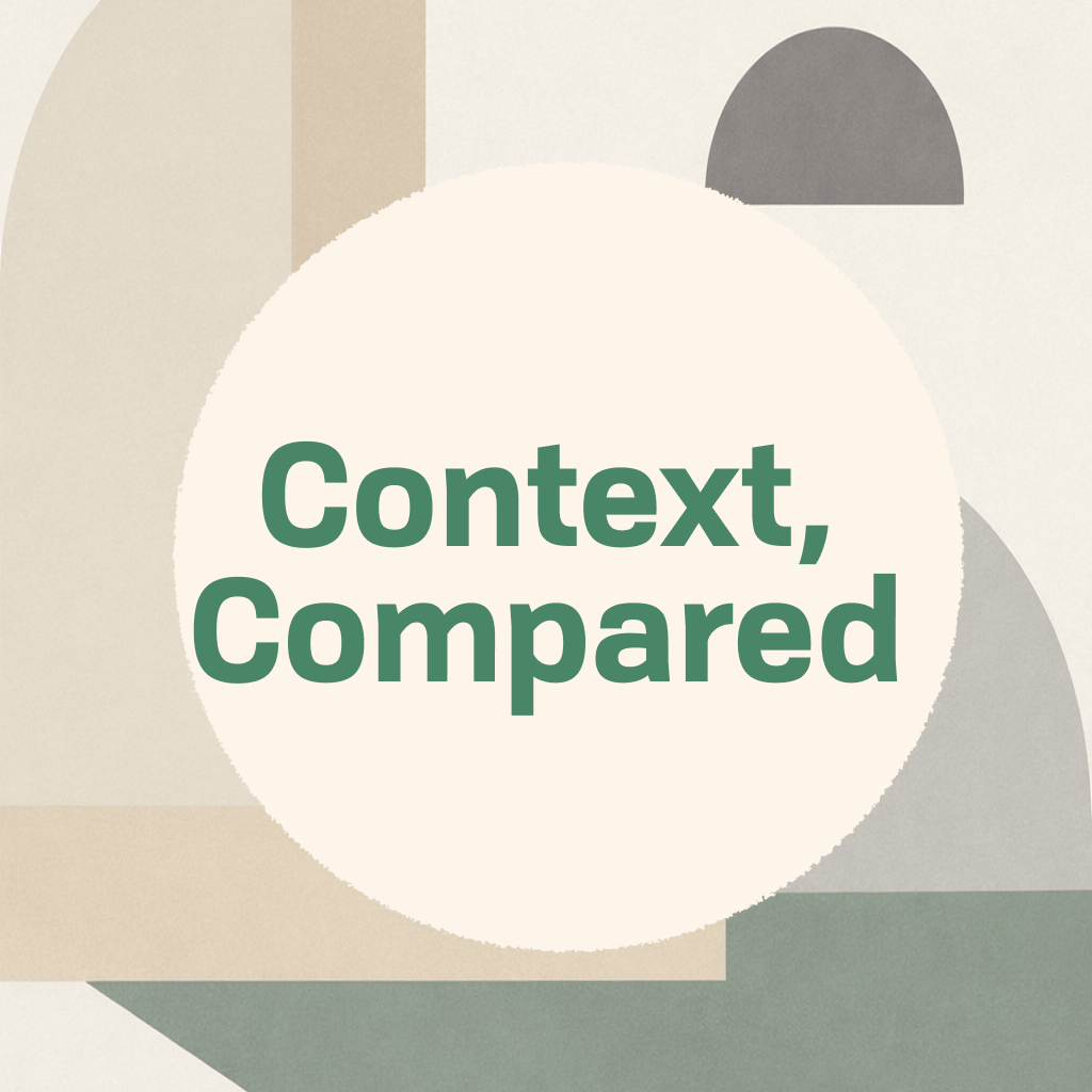 Title card reading 'Context, Compared' in green type on a cream circle, framed by abstract organic shapes in muted sage green, grey, and tan