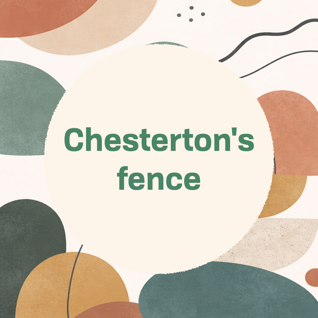 Title card reading 'Chesterton's fence' in green type on a cream circle, framed by abstract organic shapes in muted green, orange, and tan
