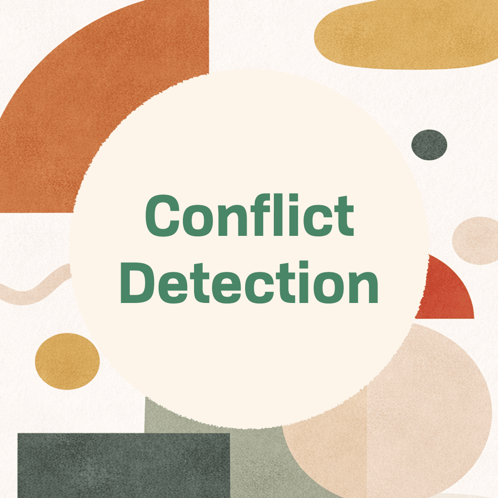 Title card reading 'Conflict Detection' in green type on a large cream circle, framed by abstract organic shapes in rust, slate blue, mustard, and deep green on a textured cream background