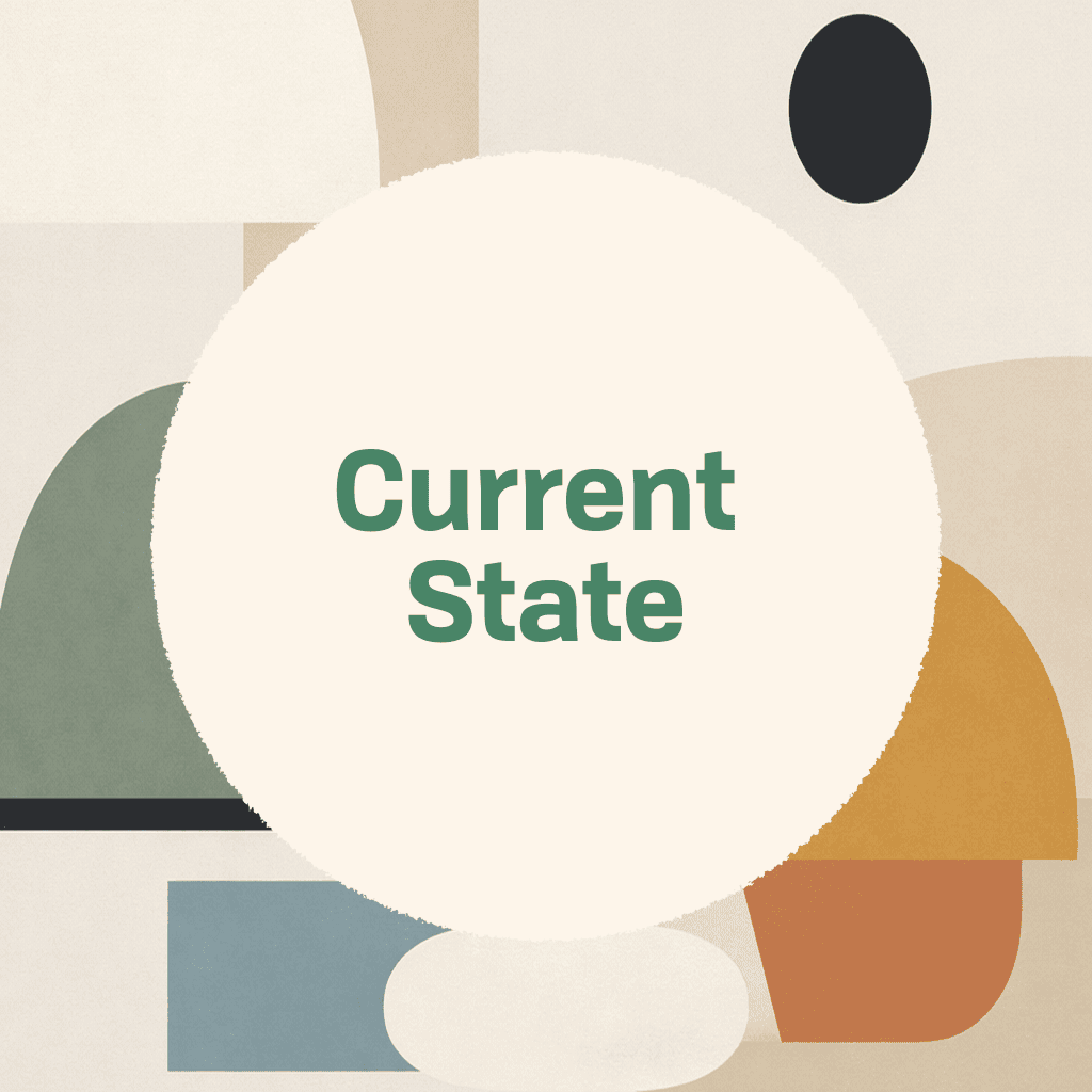 Title card reading 'Current State' in green type on a cream circle, framed by textured geometric shapes in sage, gold, terracotta, blue, black, and warm gray