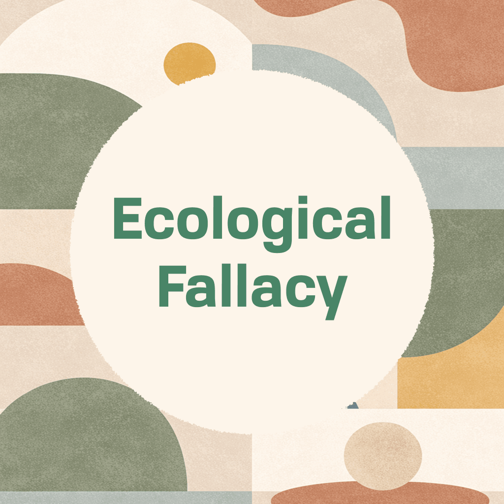 Title card reading 'Ecological Fallacy' in green type on a large cream circle, framed by abstract organic shapes in terracotta, gold, dusty blue, sage, and cream on a textured cream background