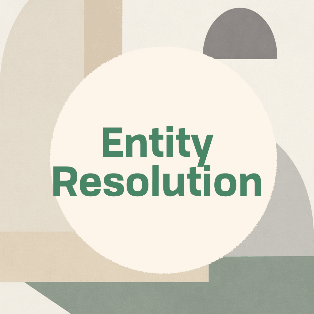 Title card reading 'Entity Resolution' in green type on a large cream circle, framed by abstract organic shapes in camel, sage green, and warm gray on a textured cream background
