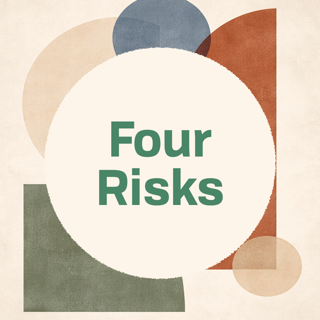 Title card reading 'Four Risks' in green type on a cream circle, framed by abstract organic shapes in muted green, orange, and tan