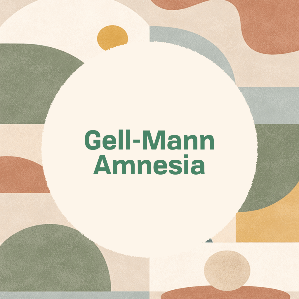Title card reading 'Gell-Mann Amnesia' in green type on a cream circle, framed by abstract organic shapes in muted green, orange, and tan