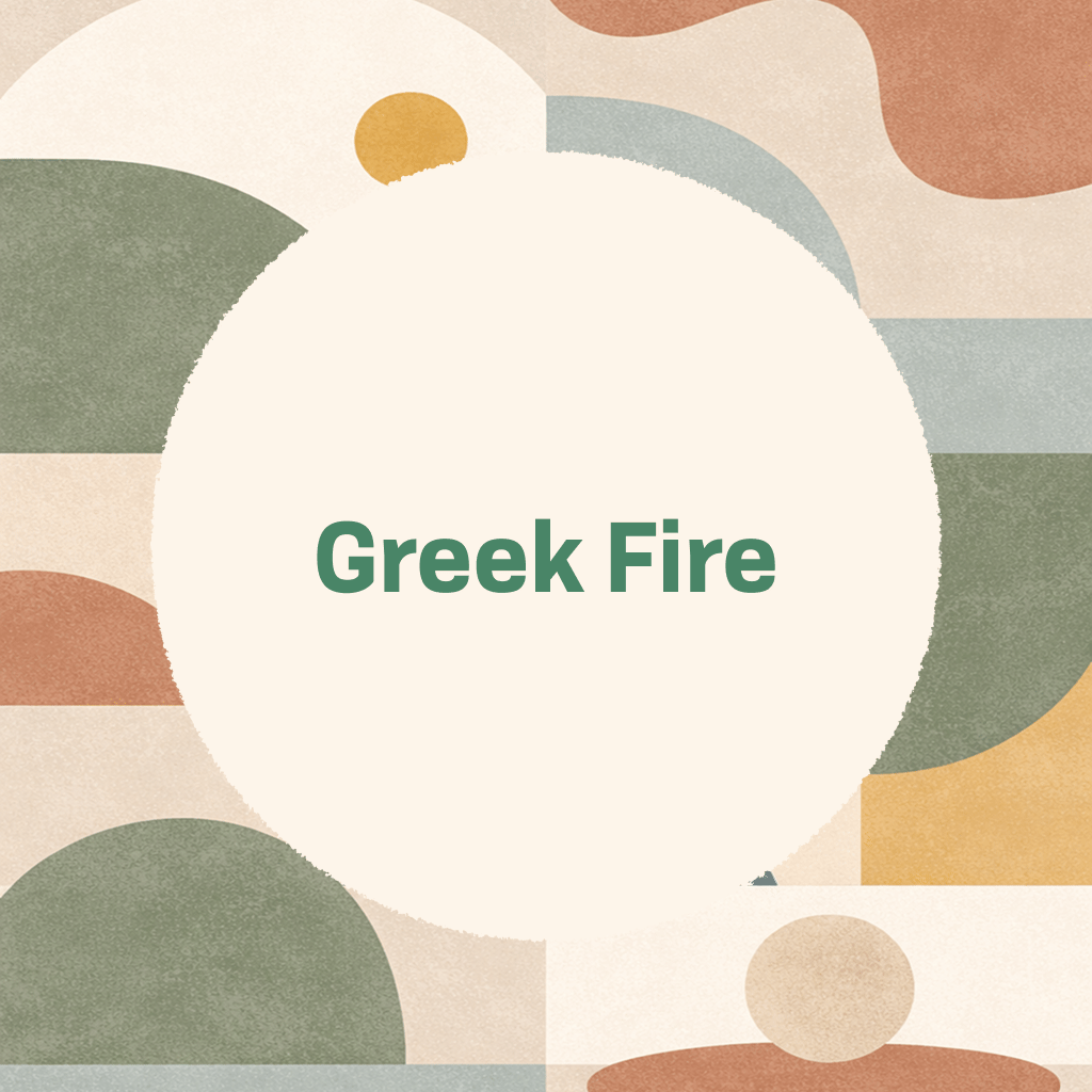 Title card reading 'Greek Fire' in green type on a large cream circle, framed by abstract organic shapes in sage green, terracotta, slate blue, camel, and gold, with a small figure silhouette at the lower right, on a textured cream background