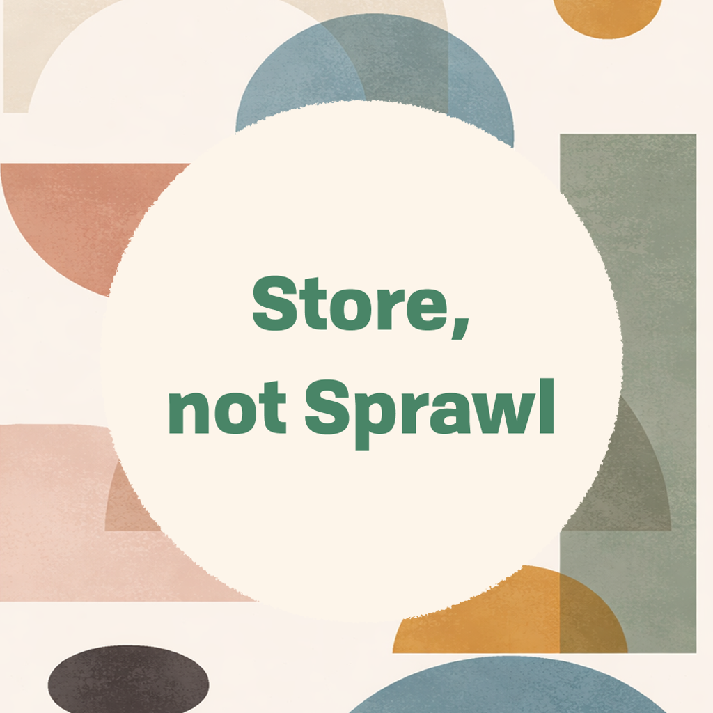 Title card reading 'Store, not Sprawl' in green type on a cream circle, framed by abstract organic shapes in muted green, orange, and tan