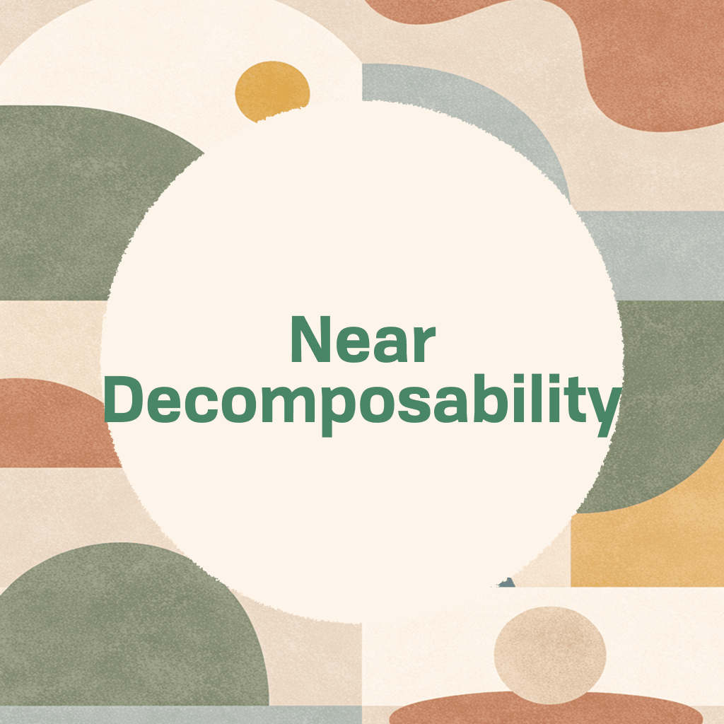 Title card reading 'Near Decomposability' in green type on a large cream circle, framed by abstract organic shapes in terracotta, gold, dusty blue, sage, and cream on a textured cream background