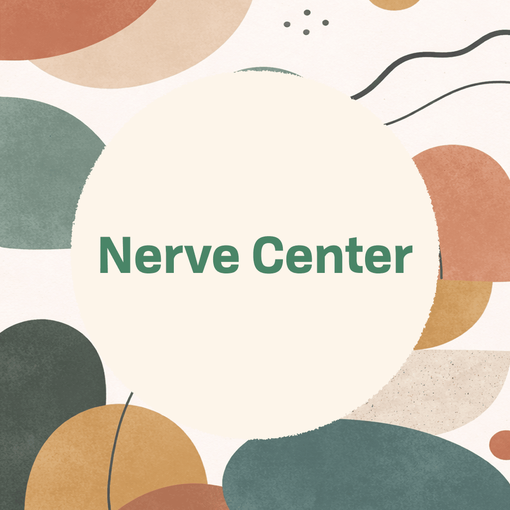 Title card reading 'Nerve Center' in green type on a large cream circle, framed by abstract organic shapes in terracotta, gold, dusty green, and dark teal on a textured cream background