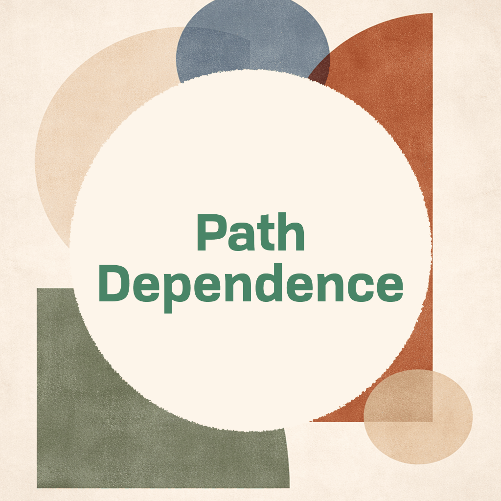 Title card reading 'Path Dependence' in green type on a cream circle, framed by abstract organic shapes in muted green, slate blue, rust orange, and tan
