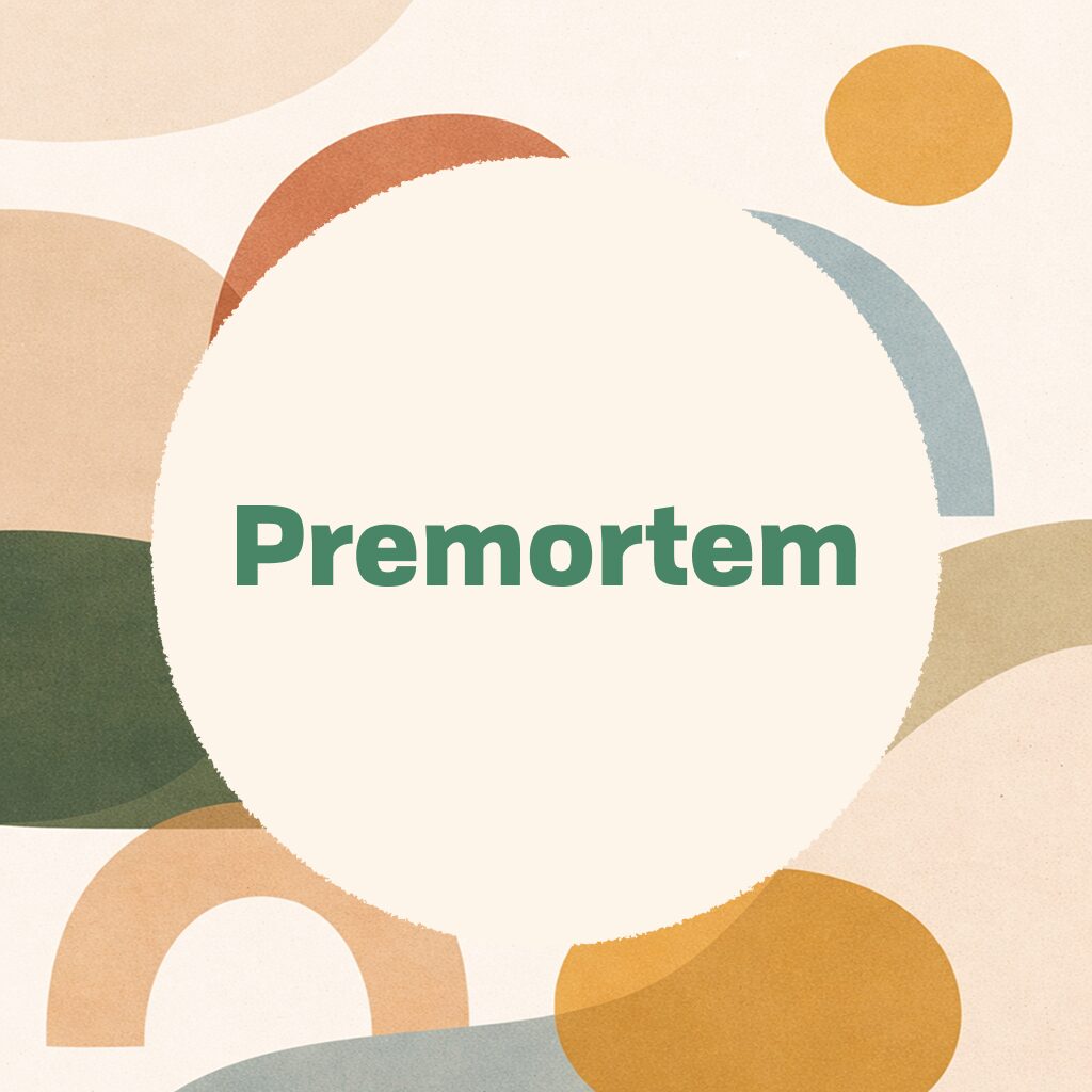 Title card reading 'Premortem' in green type on a cream circle, surrounded by overlapping geometric shapes in muted orange, blue, olive, tan, and yellow