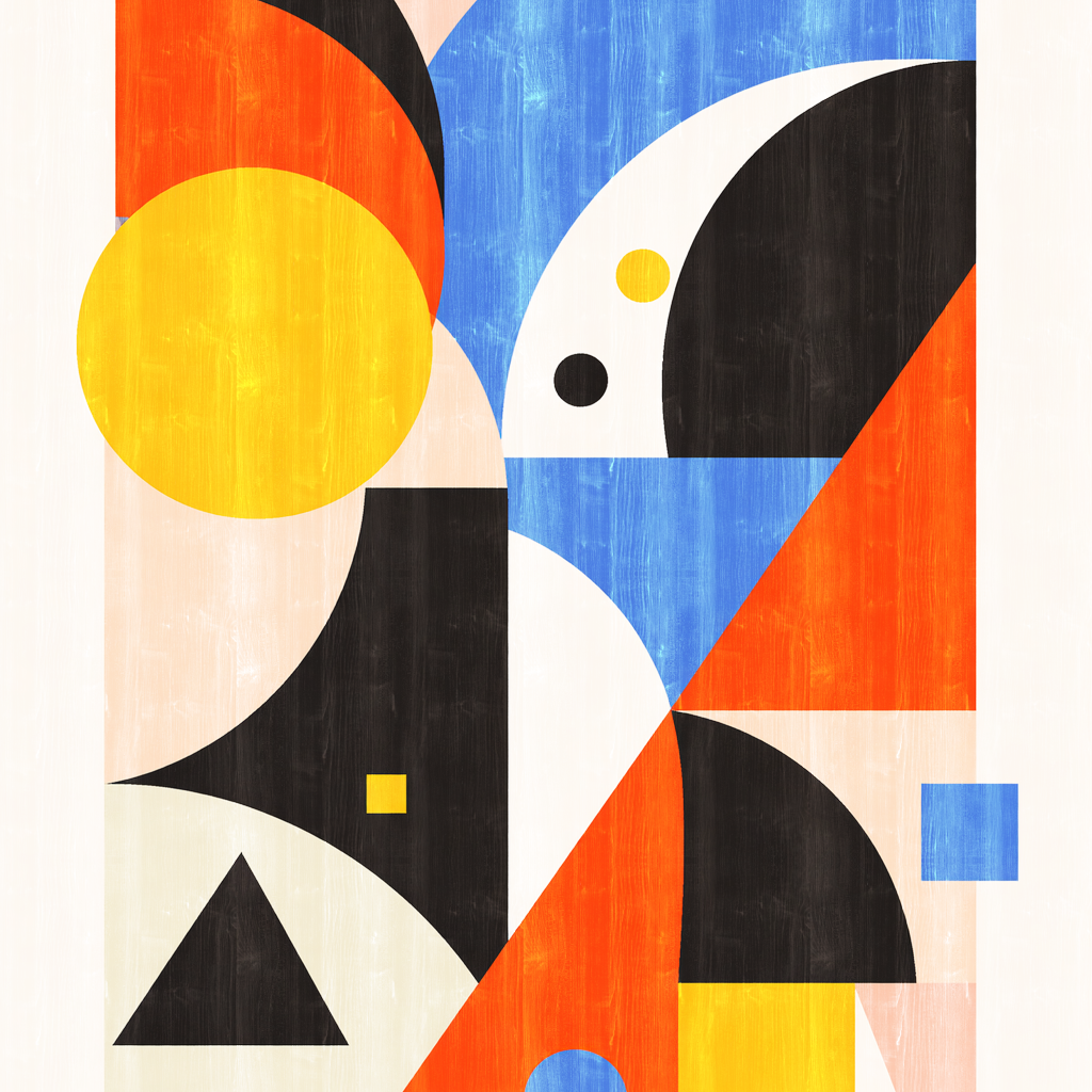 Abstract geometric composition with colorful shapes including circles, triangles, and rectangles in orange, blue, yellow, and black