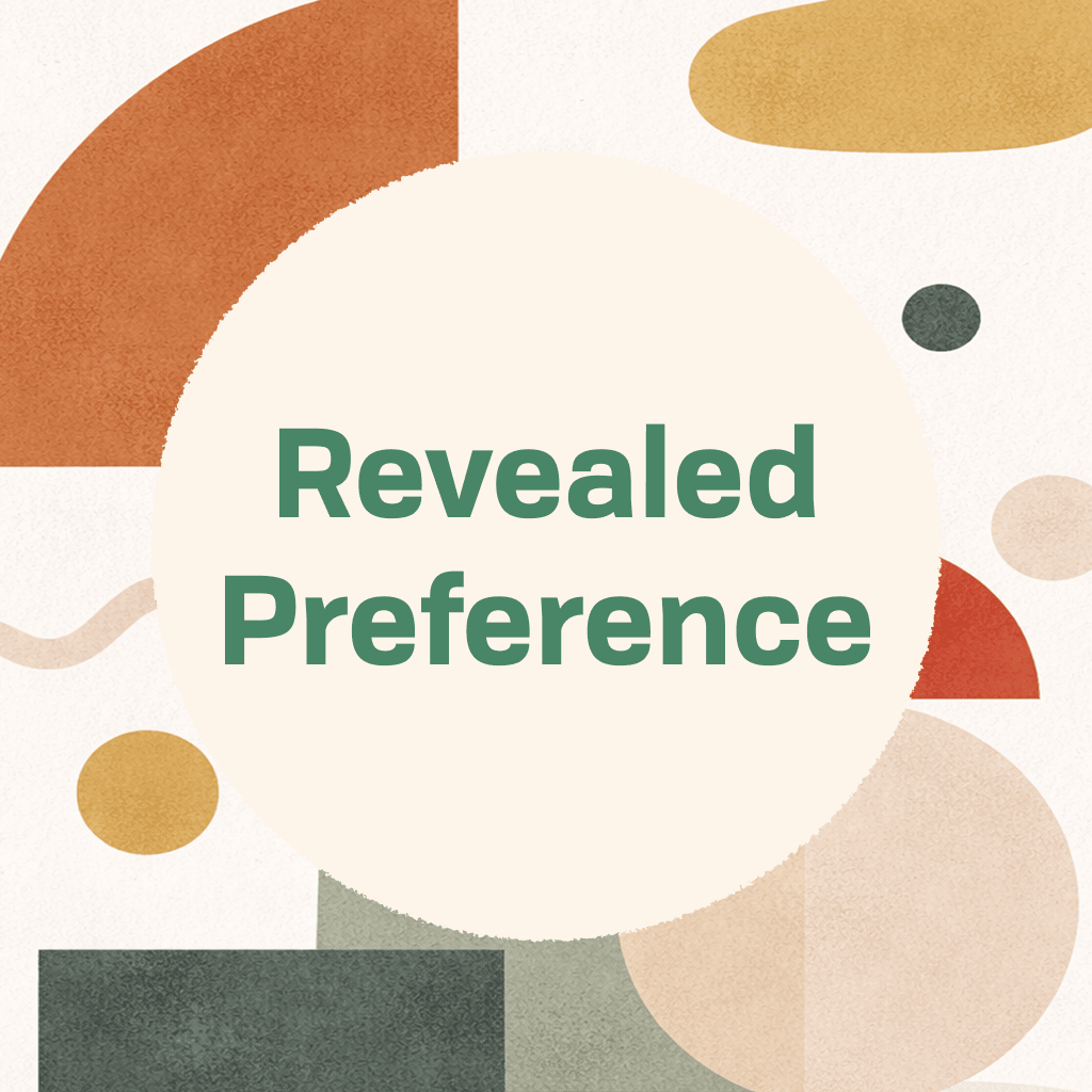 Title card reading 'Revealed Preference' in green type on a large cream circle, framed by abstract organic shapes in terracotta, gold, dusty rose, sage, and charcoal on a textured cream background