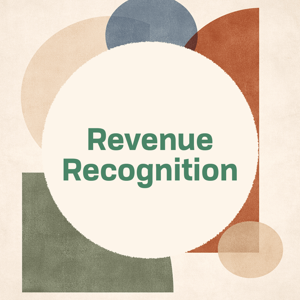 Title card reading 'Revenue Recognition' in green type on a large cream circle, framed by abstract organic shapes in terracotta, gold, dusty blue, sage, and cream on a textured cream background