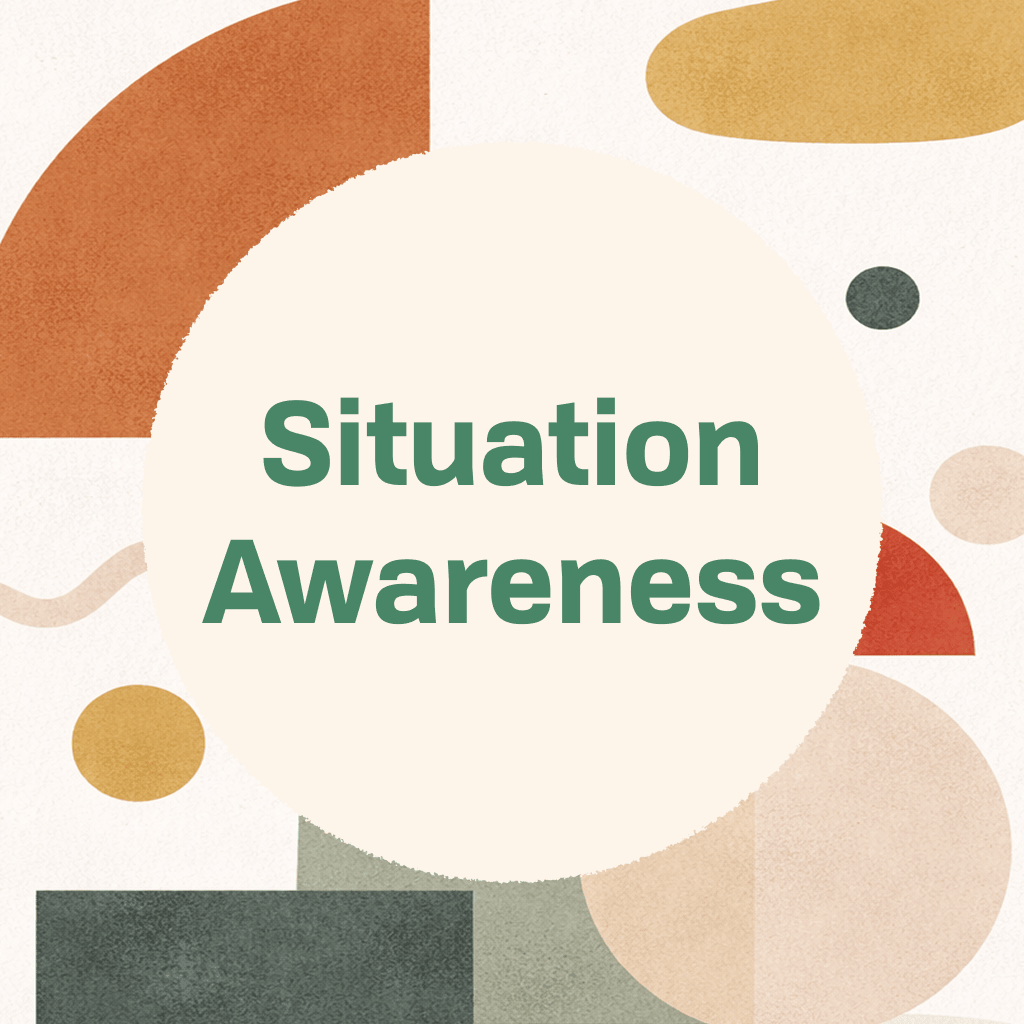 Title card reading 'Situation Awareness' in green type on a large cream circle, framed by abstract organic shapes in terracotta, gold, dusty blue, sage, and cream on a textured cream background