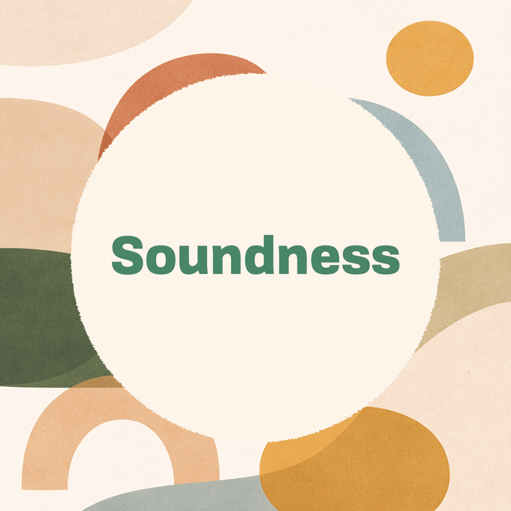 Title card reading 'Soundness' in green type on a large cream circle, framed by abstract organic shapes in terracotta, gold, dusty blue, sage, and cream on a textured cream background