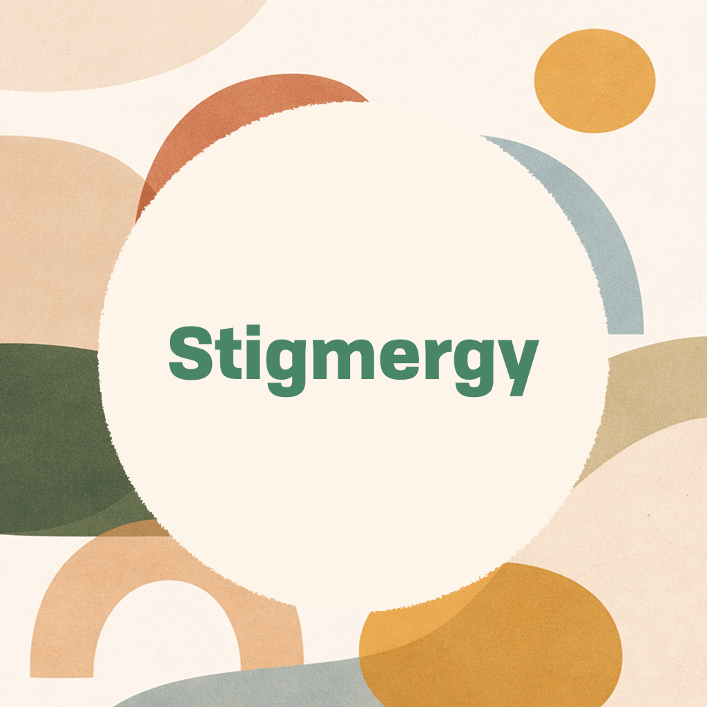 Title card reading 'Stigmergy' in green type on a cream circle, framed by abstract organic shapes in terracotta, camel, deep green, slate blue, and gold on a textured cream background