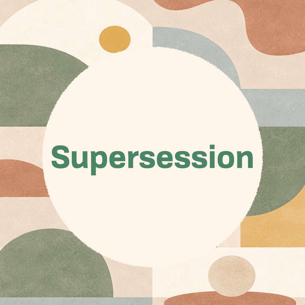 Title card reading 'Supersession' in green type on a large cream circle, framed by abstract layered shapes in sage green, muted orange, pale blue, and warm yellow