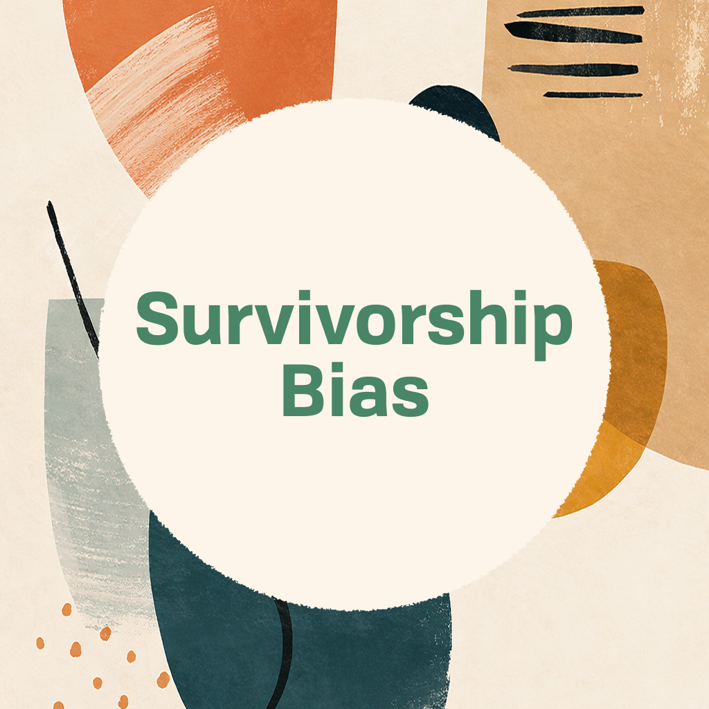 Title card reading 'Survivorship Bias' in green type on a cream circle, framed by abstract organic shapes in muted green, orange, and tan