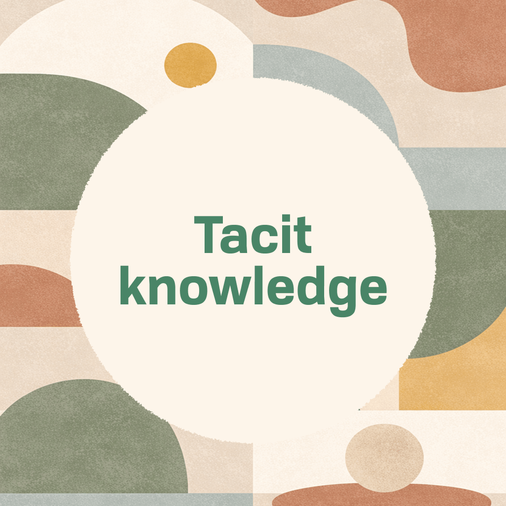 Title card reading 'Tacit knowledge' in green type on a cream circle, framed by abstract organic shapes in muted green, orange, and tan