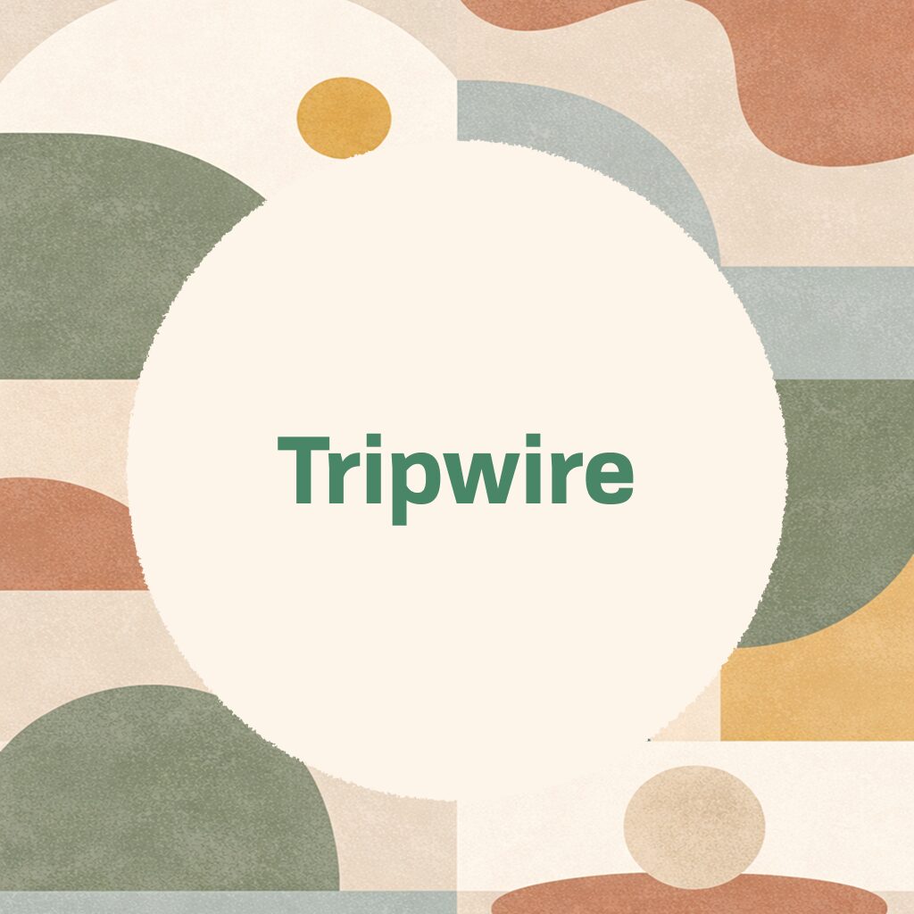 Title card reading 'Tripwire' in green type on a cream circle, surrounded by textured geometric shapes in muted green, blue, terracotta, and mustard