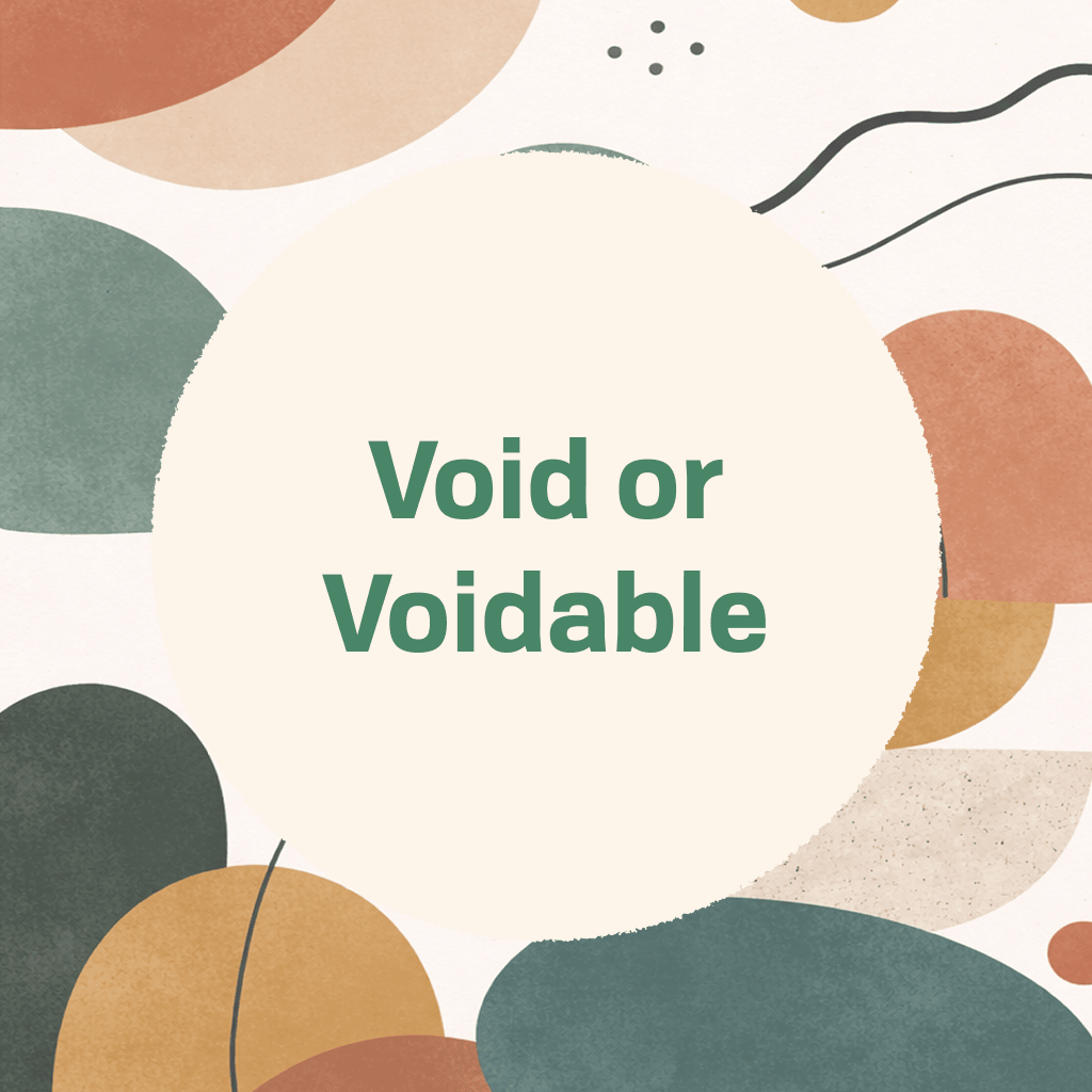 Title card reading 'Void or Voidable' in green type on a large cream circle, framed by abstract organic shapes in terracotta, sage green, forest green, gold, and tan, with small line-doodle accents, on a textured cream background